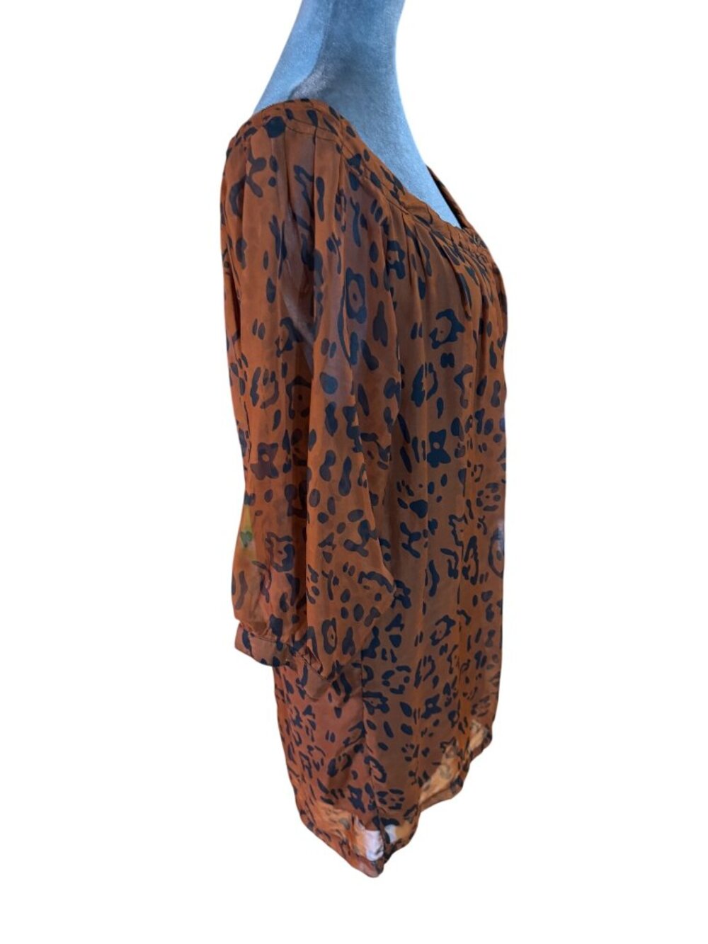 Minkpink Brown & Black Animal Print Sheer Tunic Blouse With 3/4 Sleeves Size S - Picture 3 of 5